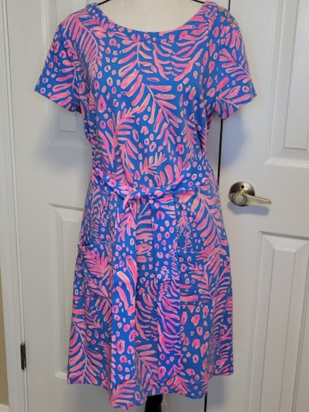 Lilly Pulitzer Glenn Dress Pundy Blue La Zebra Print Tie Waist Pockets Size L